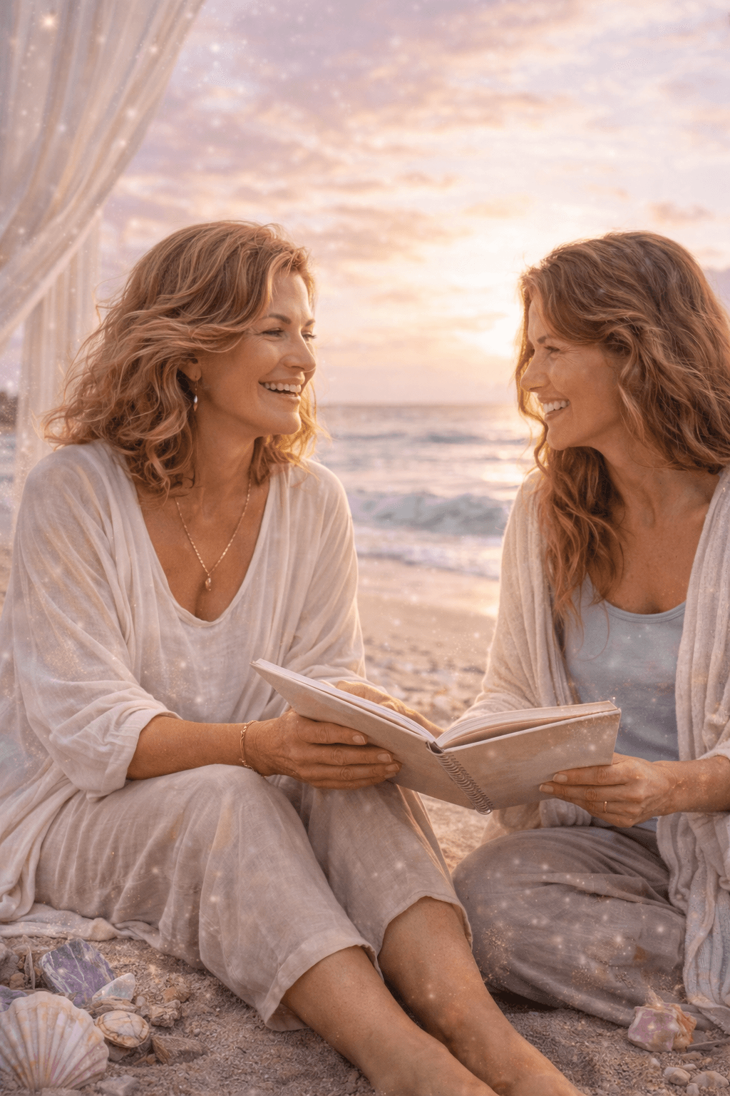 Two women sharing a quiet, joyful moment together at sunset on the beach